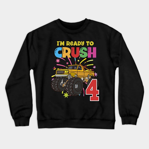 Yellow monster trucks are my jam 4th birthday ready to crush party Crewneck Sweatshirt by teeshirtmarket